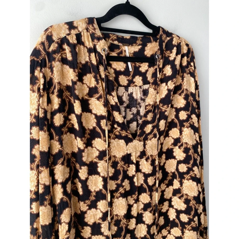 Free People Mia‎ Floral Tunic Top S Peasant Black Brown Boho Festival Oversized
